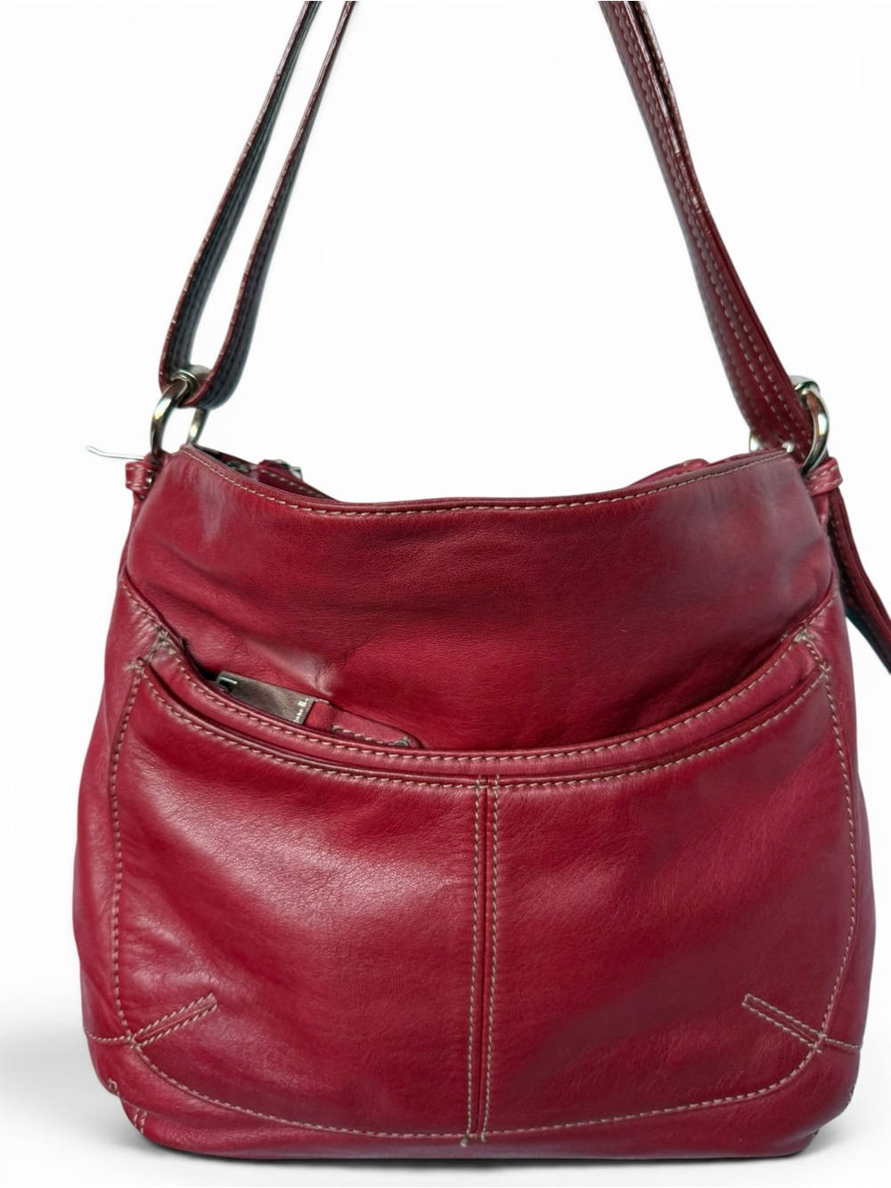 Tignanello Leather Shoulder Bag Cranberry Red Zip Pocket